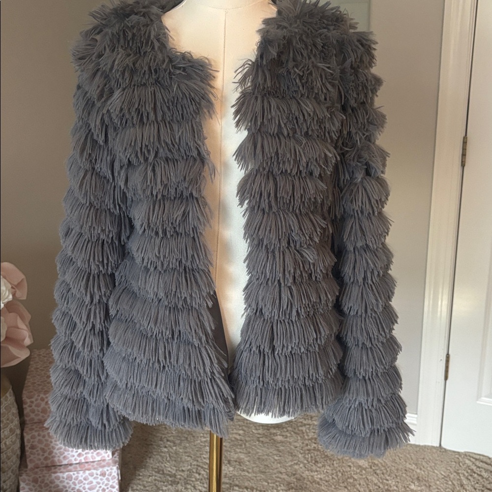 Gray Textured Faux Fur Jacket